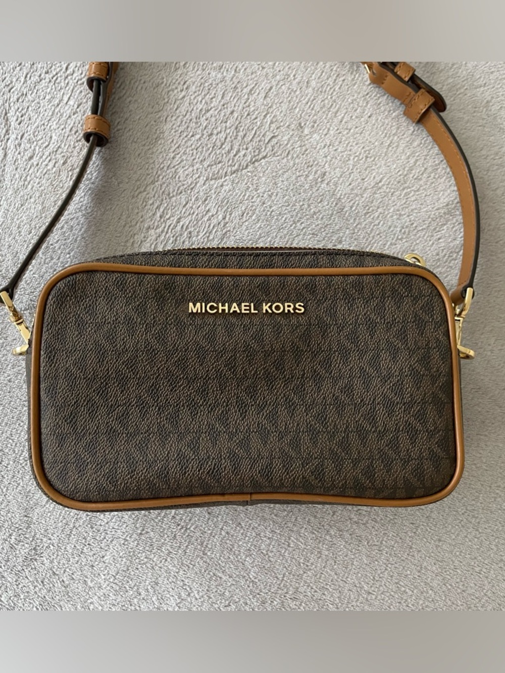 Michael Kors Brown Monogram and Tan Leather Crossbody Belt Bag